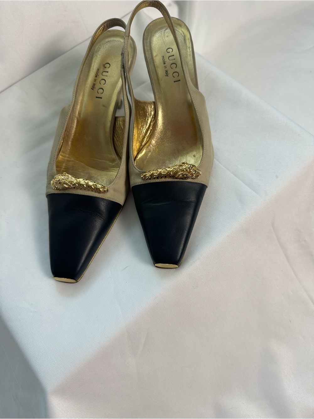 Gucci Beige and Black Pointed Slingback Pumps with Gold Accent